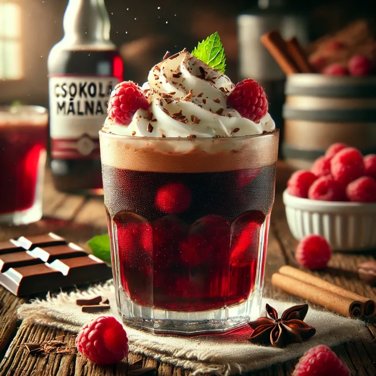 Csokoládés-málnás cider pohárban tálalva