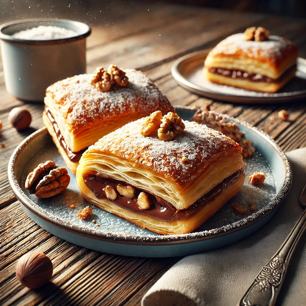 Ropogós rétes tésztában csokoládés-diós töltelékkel