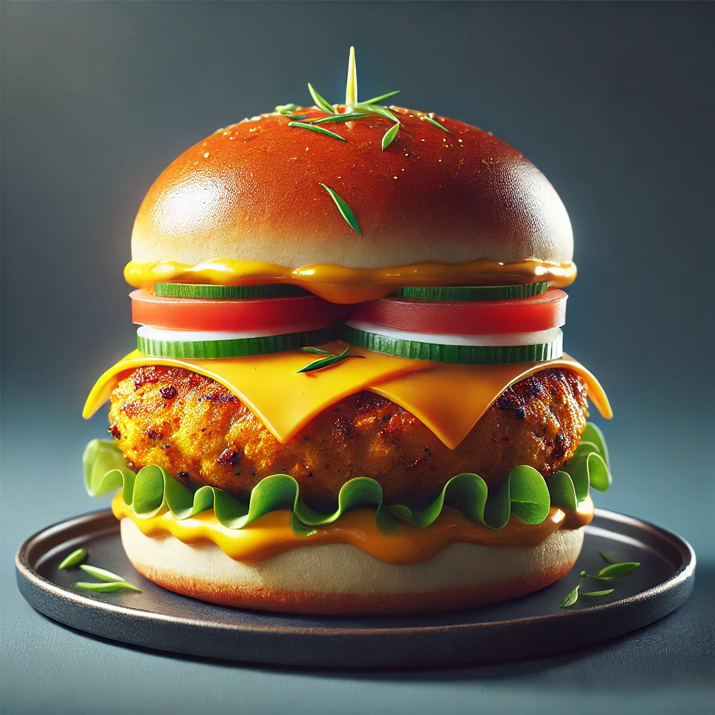 Különleges burger curryvel fűszerezett csirkehússal és cheddar sajttal