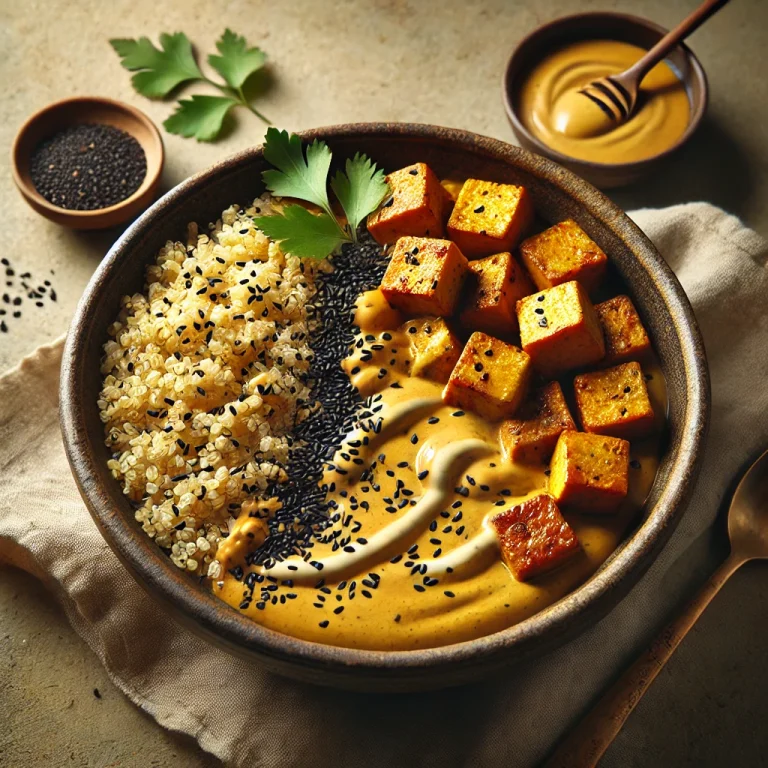 Currys quinoa Buddha-tál tahini tofuval tálalva