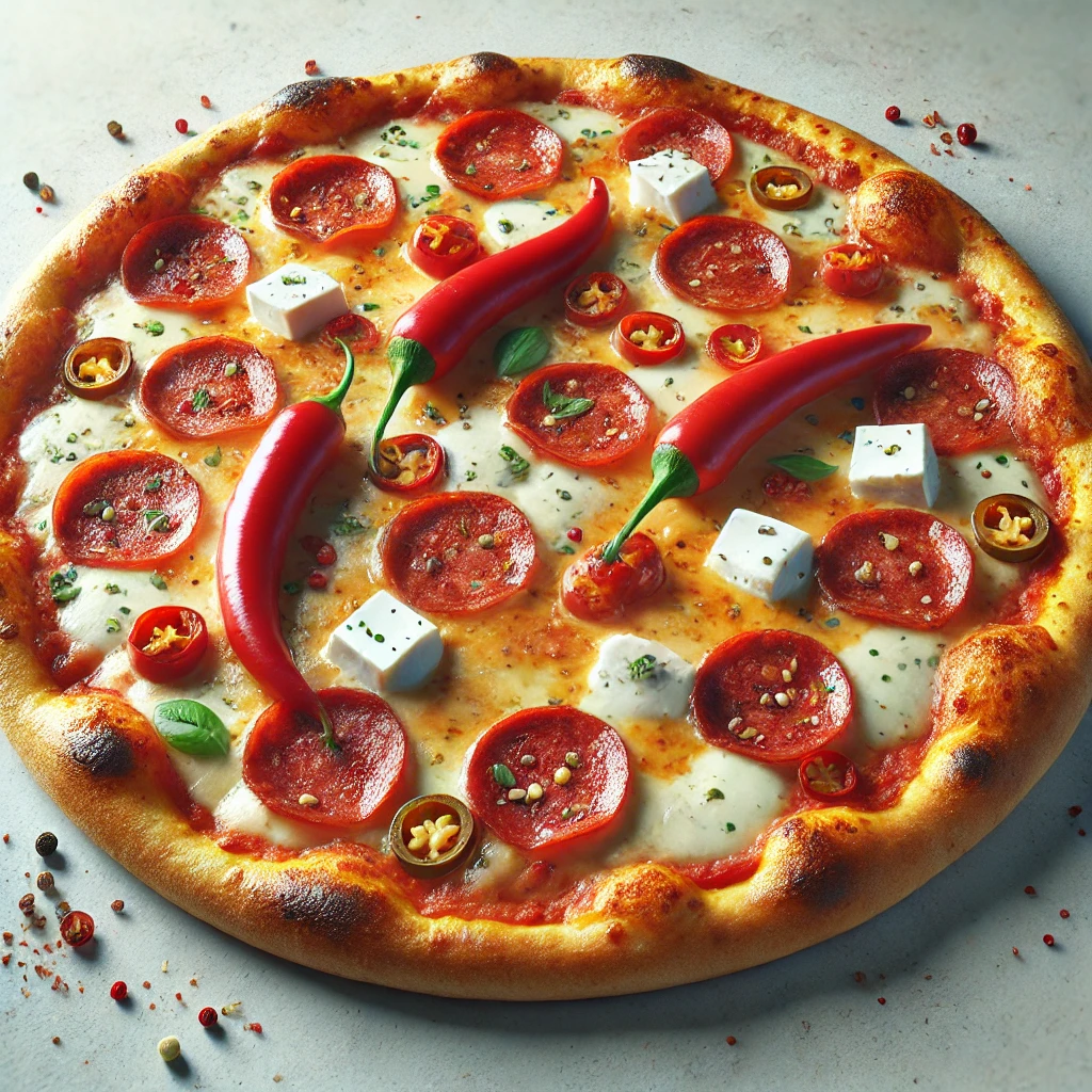 Csípős Diavola pizza gorgonzola sajttal és chili paprikával