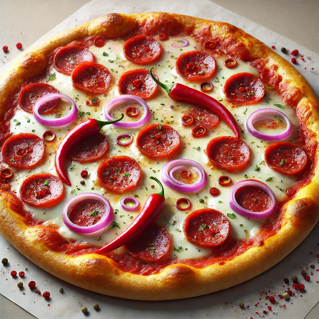 Csípős Diavola pizza hagymával és fűszeres szalámival