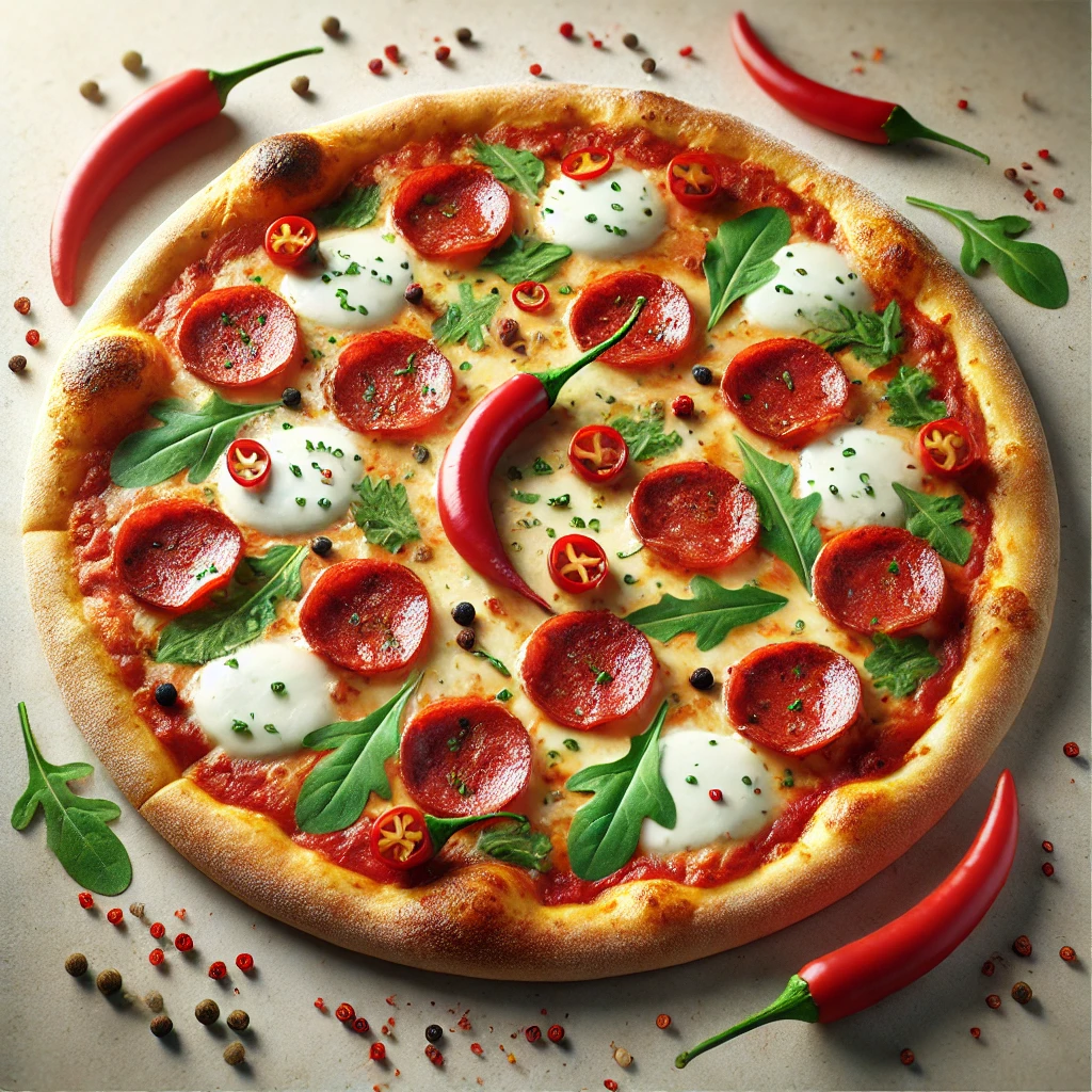 Csípős Diavola pizza friss rukkolával és chilivel