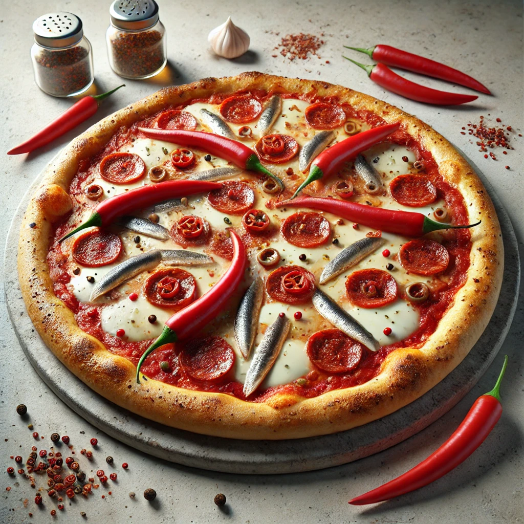 Csípős Diavola pizza szardella filékkel és chili paprikával