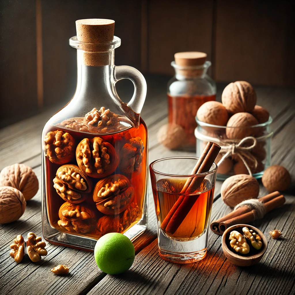 Aromás és gazdag házi diós pálinka üvegben tálalva