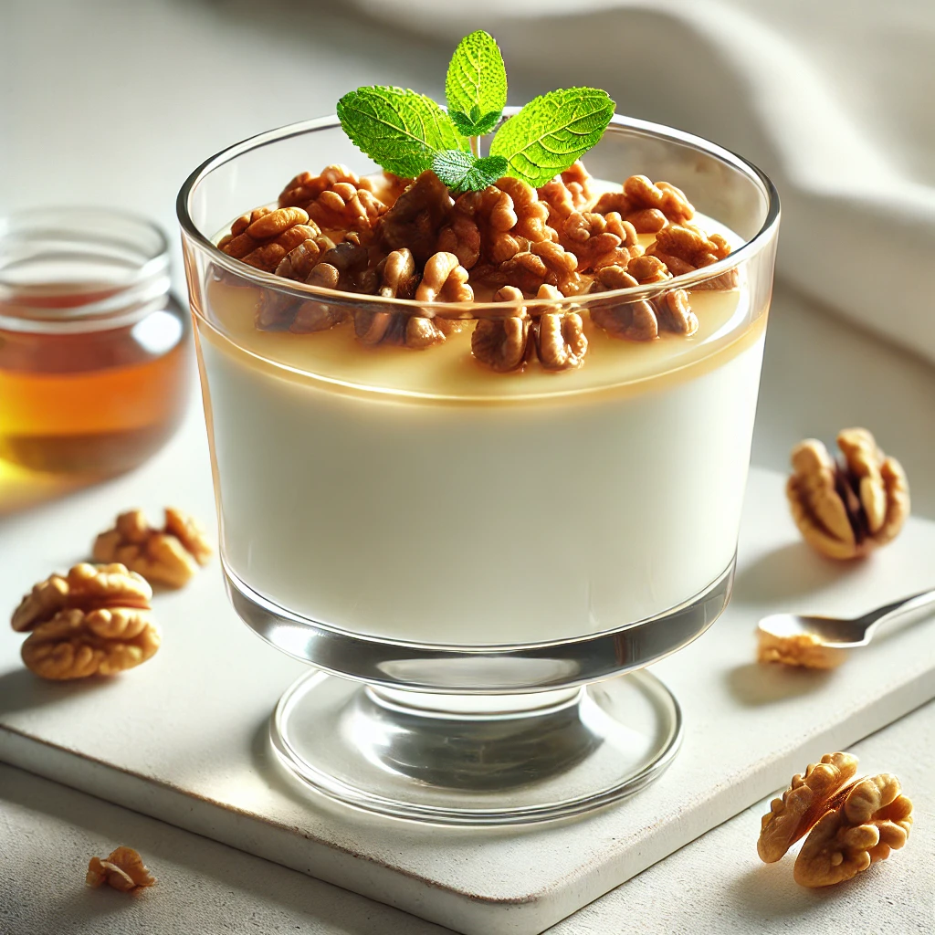 Krémes panna cotta dióval és mézzel díszítve
