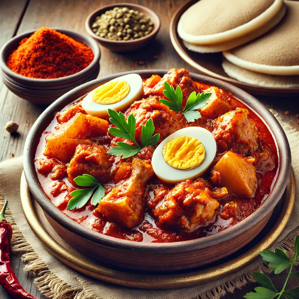 Autentikus etióp Doro Wat csirkés curry fűszeres szószban