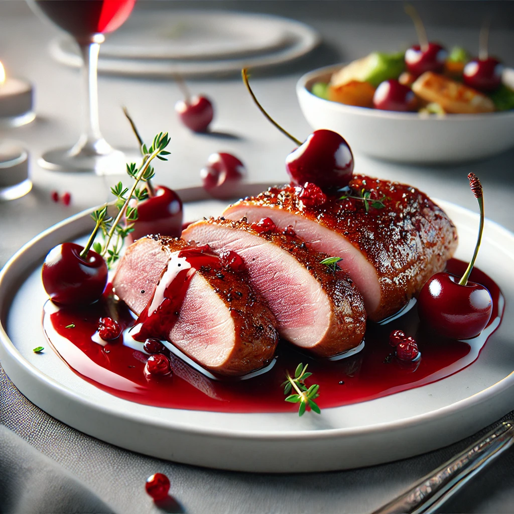 Crispy duck breast with a rich cherry sauce