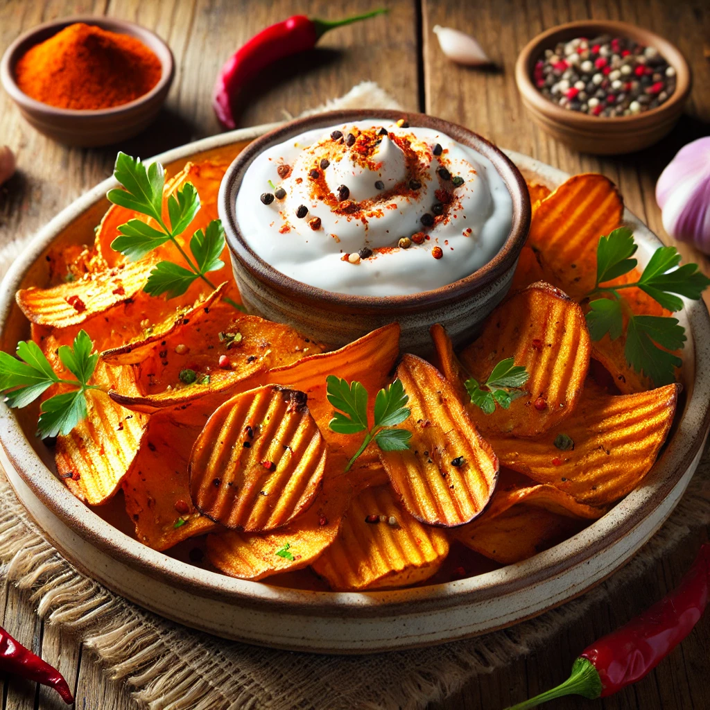 Egészséges és ízletes édesburgonya chips fűszeres szósszal