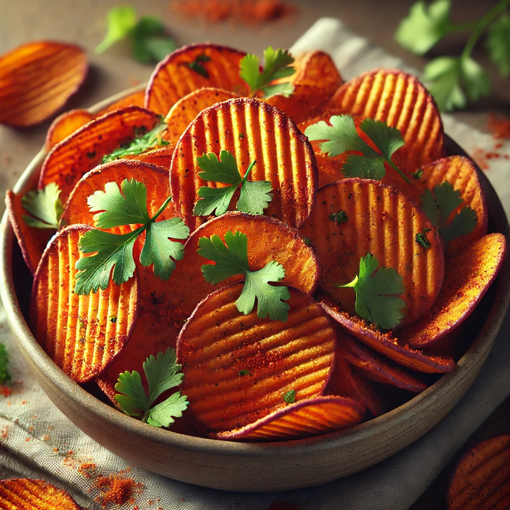 Tápláló és ropogós édesburgonya chips korianderrel és füstölt paprikával