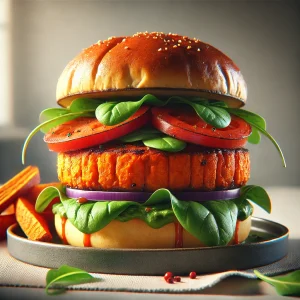 Fetas sajttal és rukkolával készült édesburgonyás burger