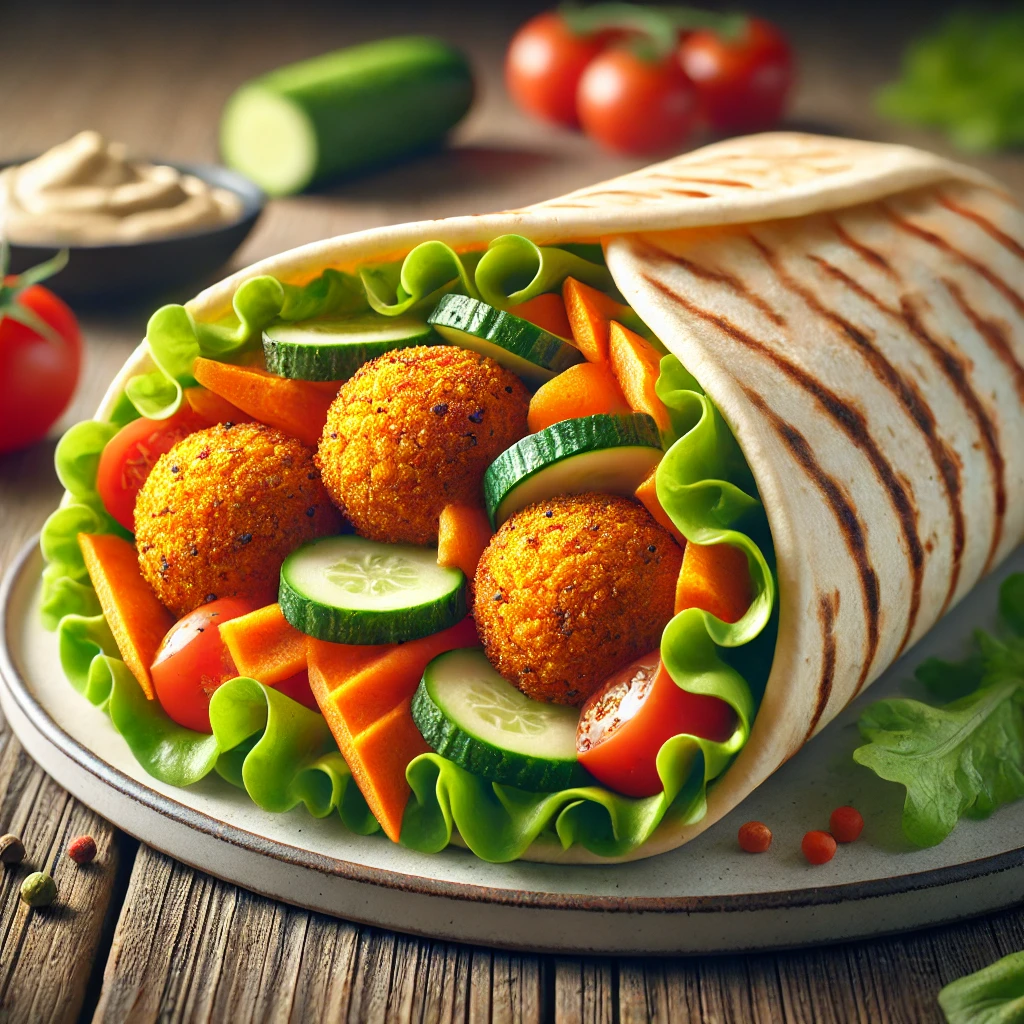 Tápláló wrap édesburgonyás falafellel és friss zöldségekkel