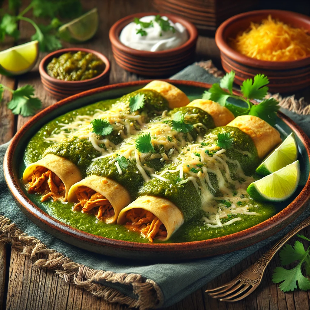 Zöld szószban sült mexikói csirkés enchilada