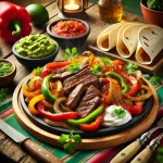 Fajita steakkel tálalva friss korianderrel és guacamoléval