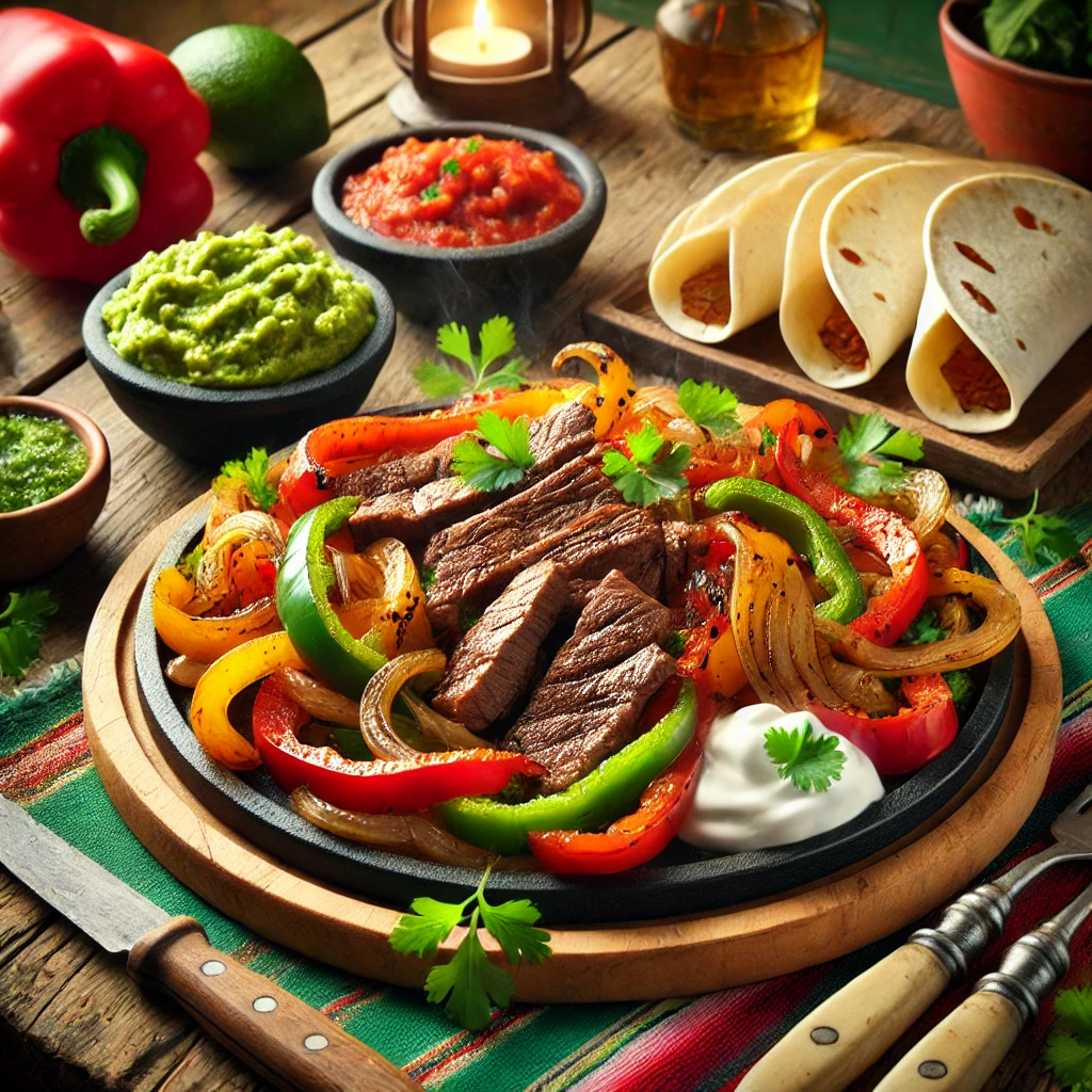 Klasszikus mexikói fajita steak és zöldségekkel töltve
