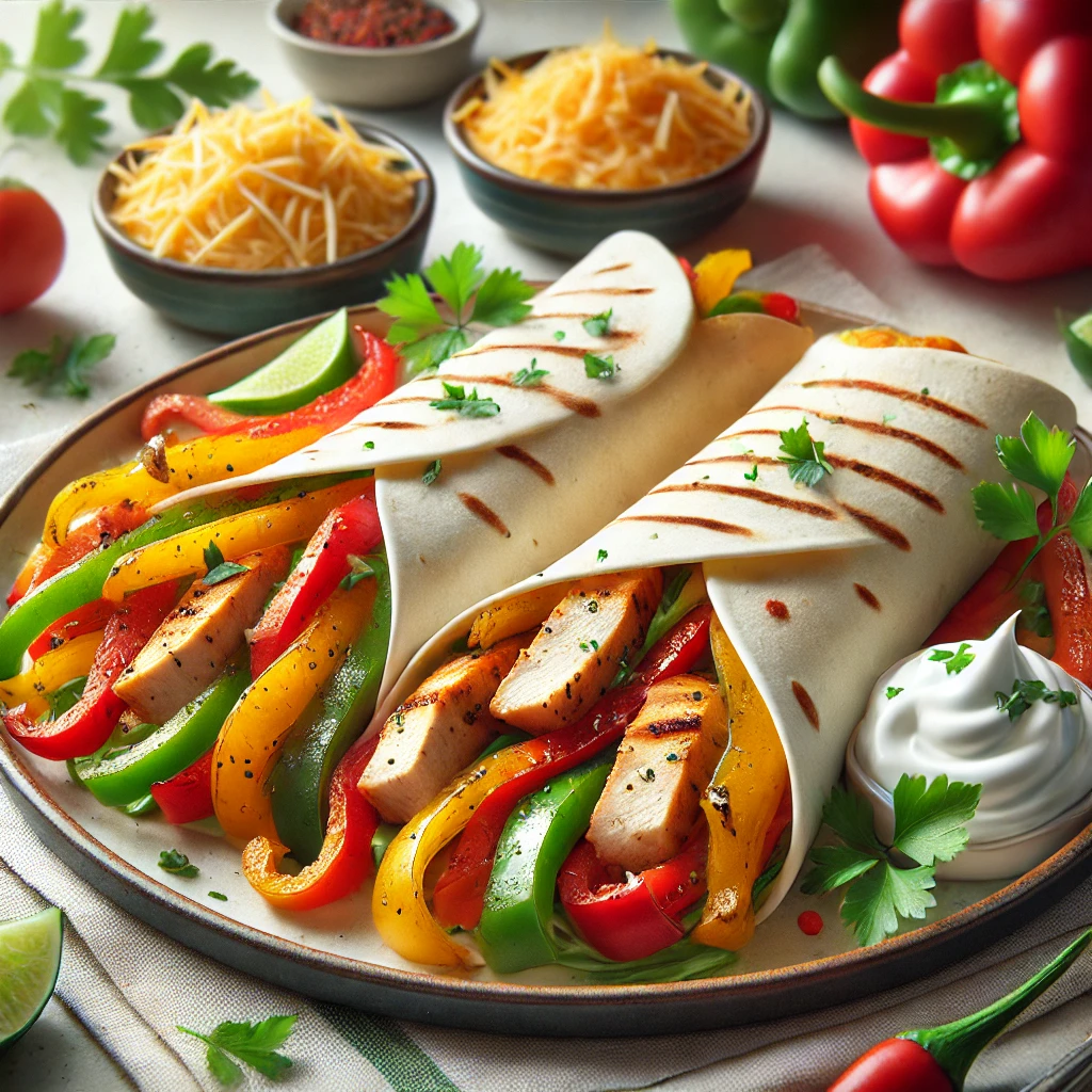 Mexikói fajitas csirkével és paprikával, friss tortilla lapokkal