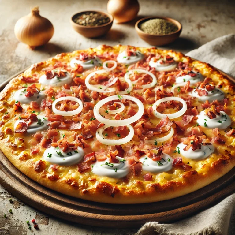 Flammkuchen tejföllel, hagymával és szalonnával