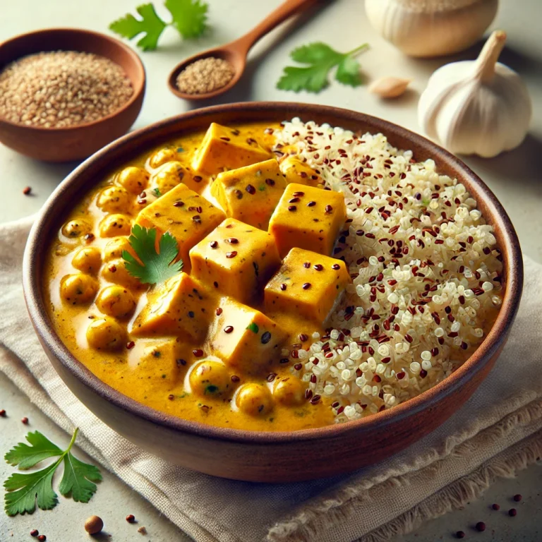 Fokhagymás quinoa curry tofuval