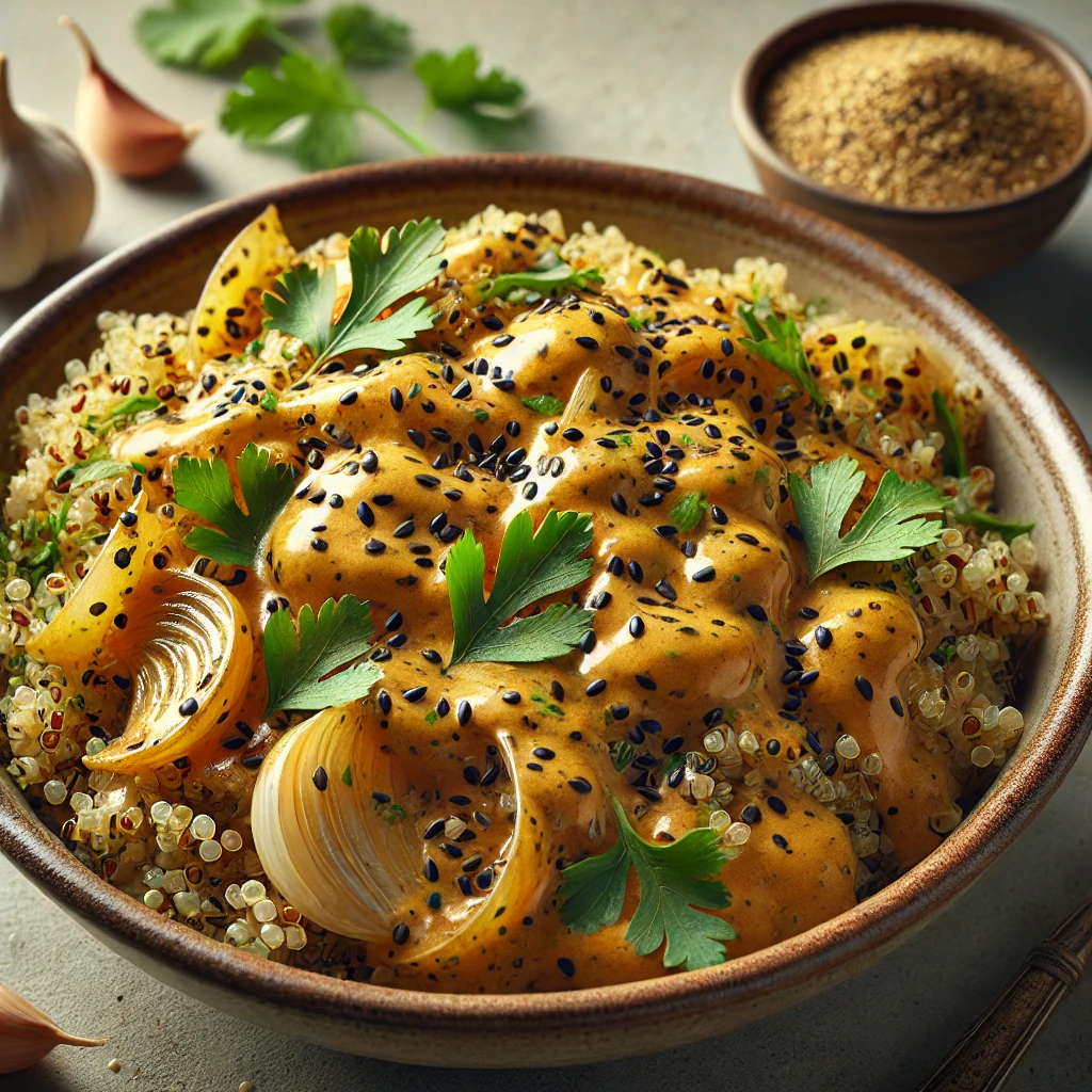 Ízletes és tápláló vegán quinoa wok fokhagymával és tahinivel