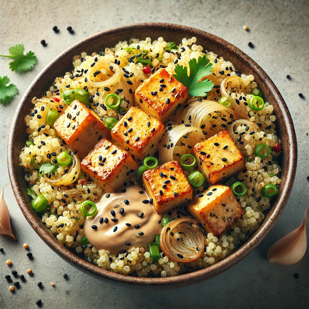 Ízletes és tápláló vegán quinoa wok tofuval, tahinivel és fokhagymával