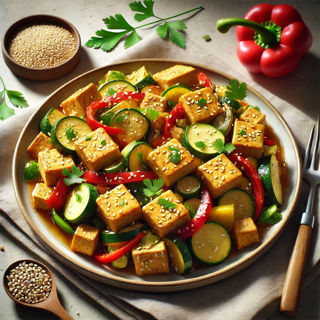 Tápláló tofu friss zöldségekkel és pirított szezámmaggal
