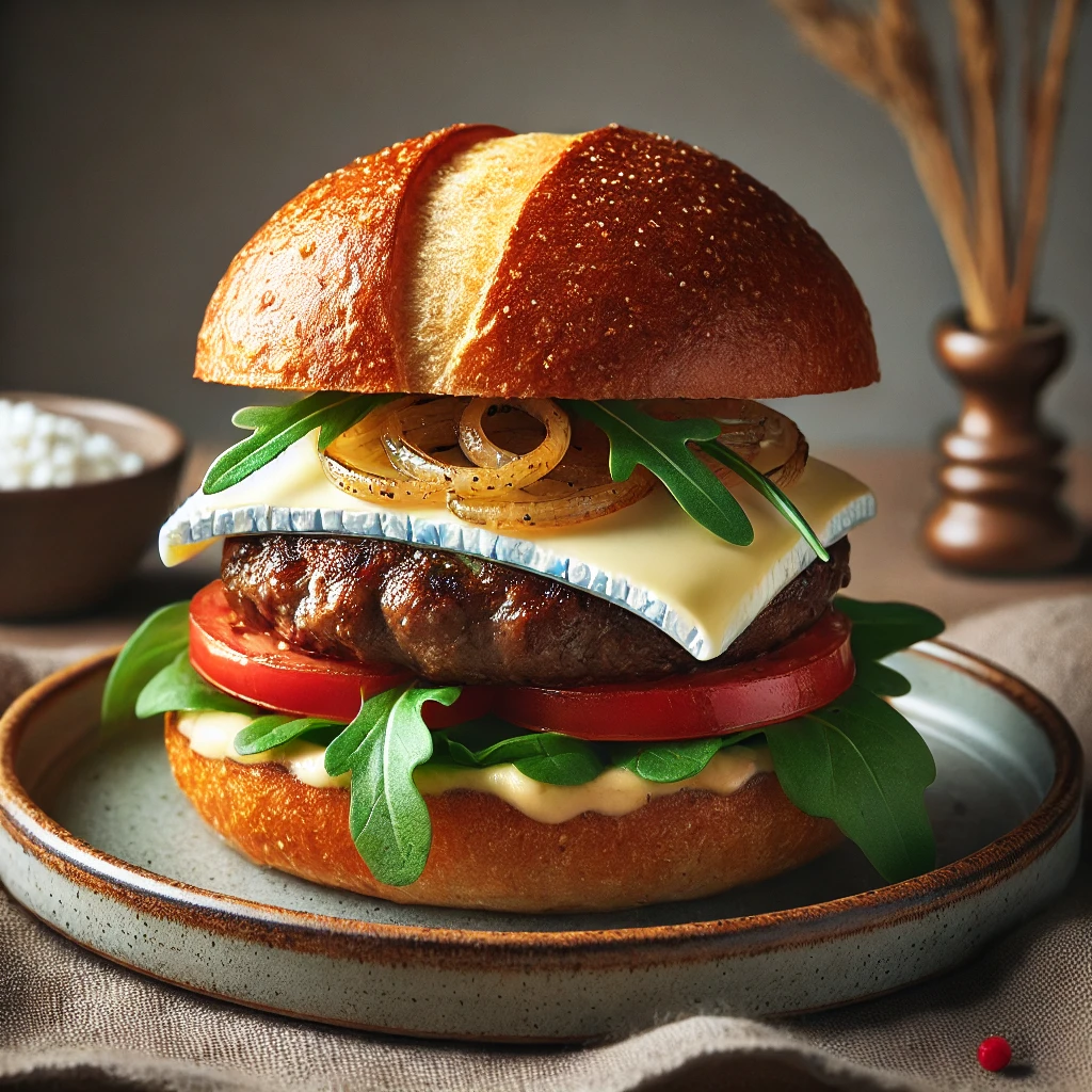 Elegáns burger brie sajttal és karamellizált hagymával
