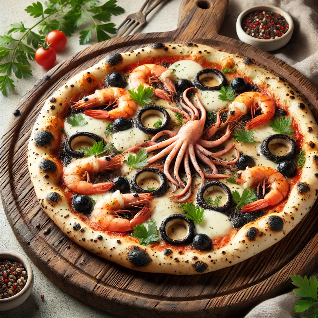 Tengeri pizza fekete tintahallal és garnélával