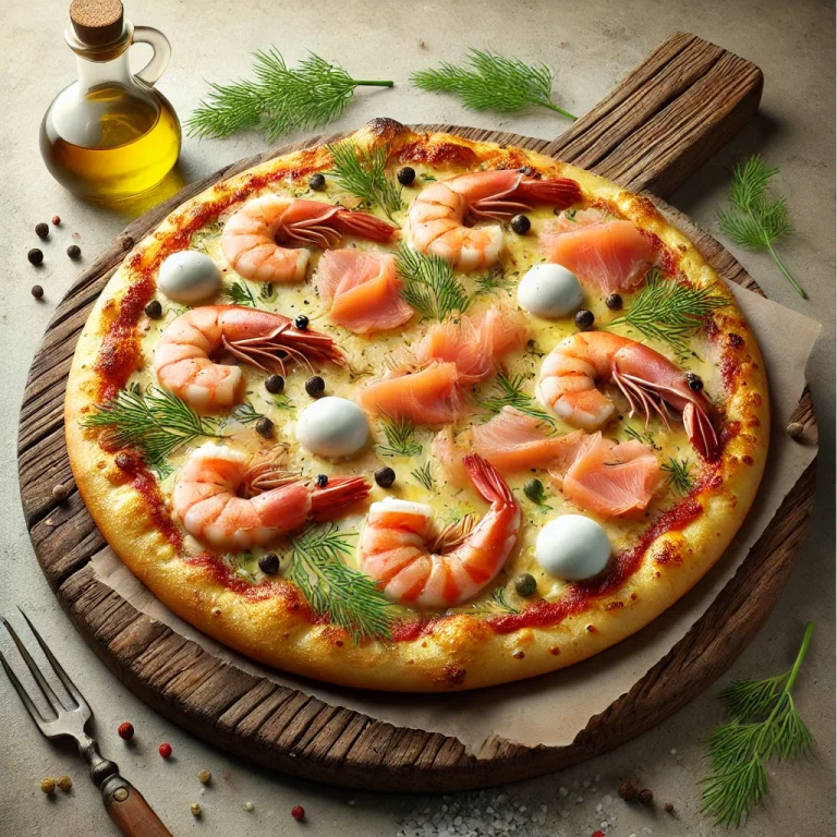 Frutti di Mare pizza füstölt lazaccal tálalva