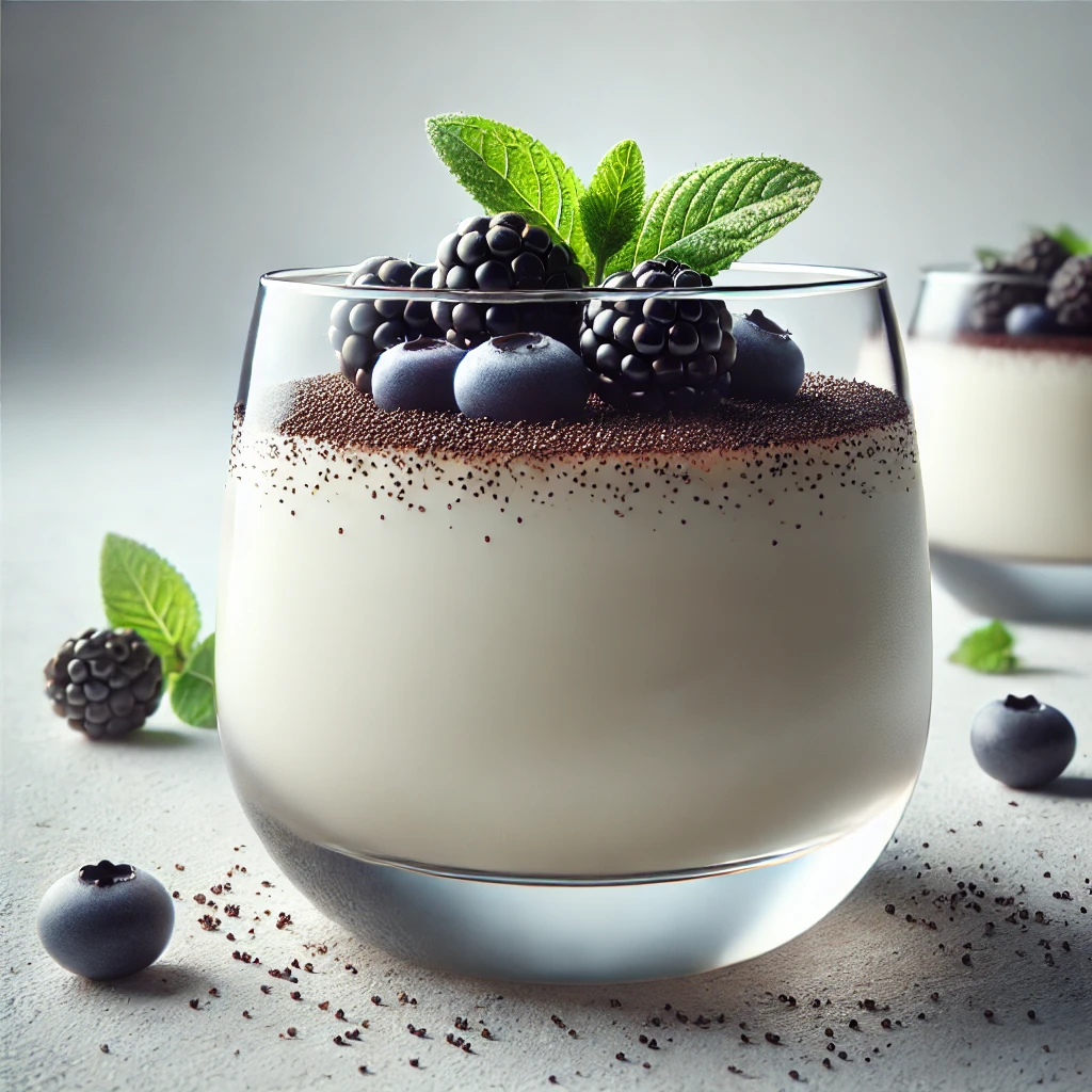 Krémes panna cotta füstölt sóval és gyümölcsökkel díszítve