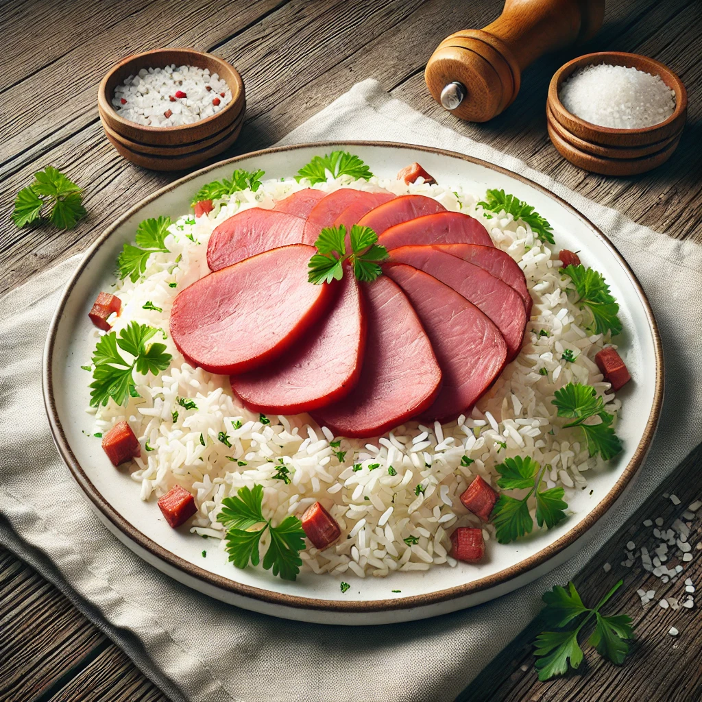 Egyszerű és ízletes füstölt sonka párolt rizzsel