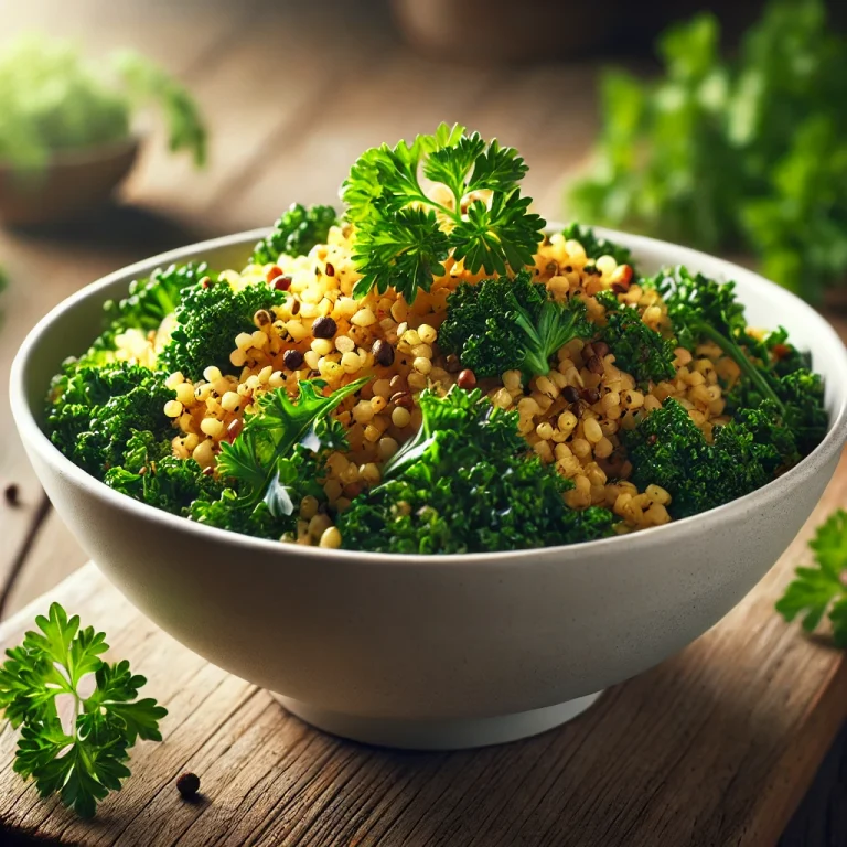 Fűszeres bulgur kelkáposztával tálalva