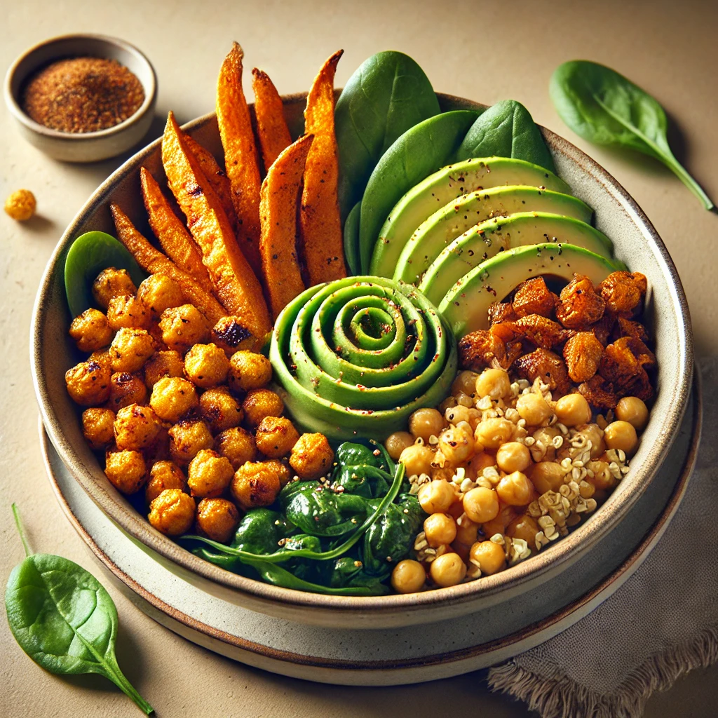 Tápláló és egészséges vegán Buddha-tál quinoával és csicseriborsóval