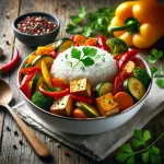FÅ±szeres tofu rizses zÃ¶ldsÃ©gekkel tÃ¡lalva