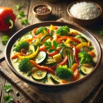 Fűszeres zöldség wok kókusztejjel tálalva