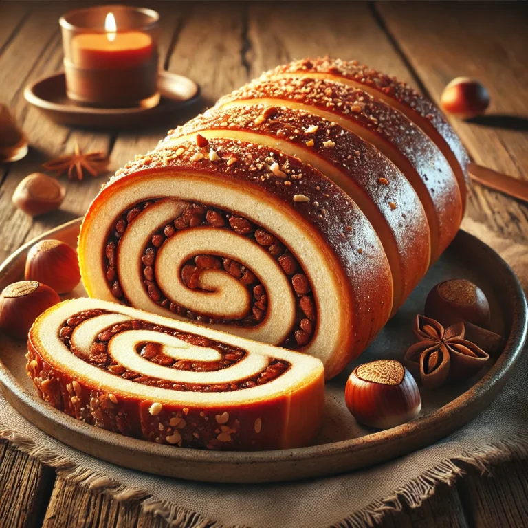 Gesztenyés bejgli szeletekre vágva, díszítve