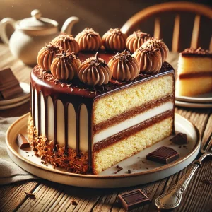 Puha gesztenyés torta csokoládés díszítéssel