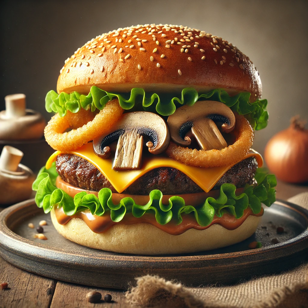 Ízletes gombás-sajtos burger házilag elkészítve