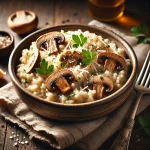 Gombás rizottó friss fűszerekkel és parmezán sajttal tálalva
