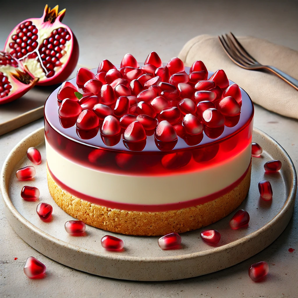 Krémes sajttorta gránátalma réteggel és magokkal díszítve