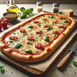 Hosszúkás, otthoni stílusú pizza paradicsomszósszal és bazsalikommal