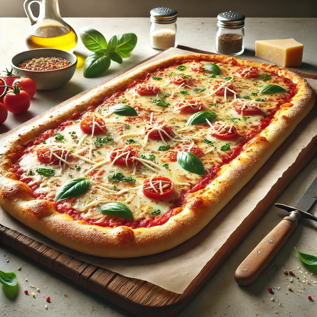Hosszúkás, otthoni stílusú pizza paradicsomszósszal és bazsalikommal