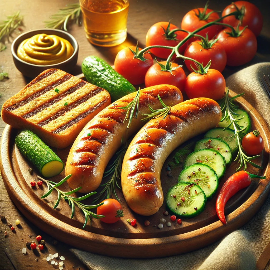 Egyszerű és ízletes grillkolbász friss zöldségekkel