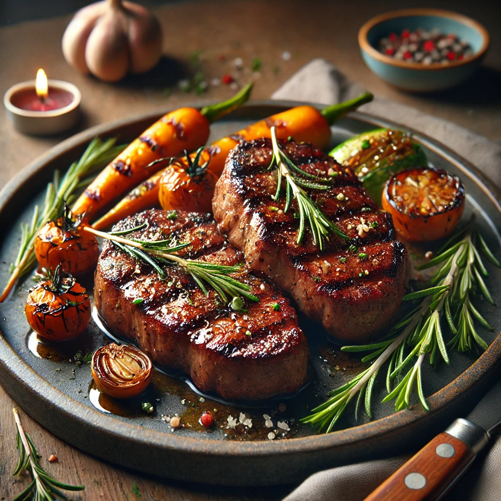 Juicy and tender grilled emu steaks with rosemary