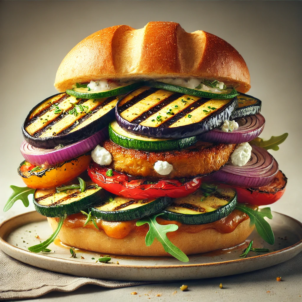 Feta sajttal és grillezett zöldségekkel készült egészséges burger