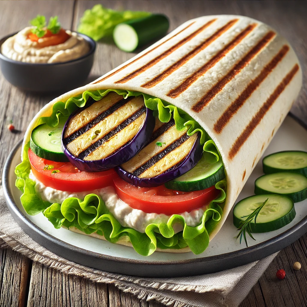 Gyors és tápláló wrap grillezett padlizsánnal, hummusszal és friss zöldségekkel