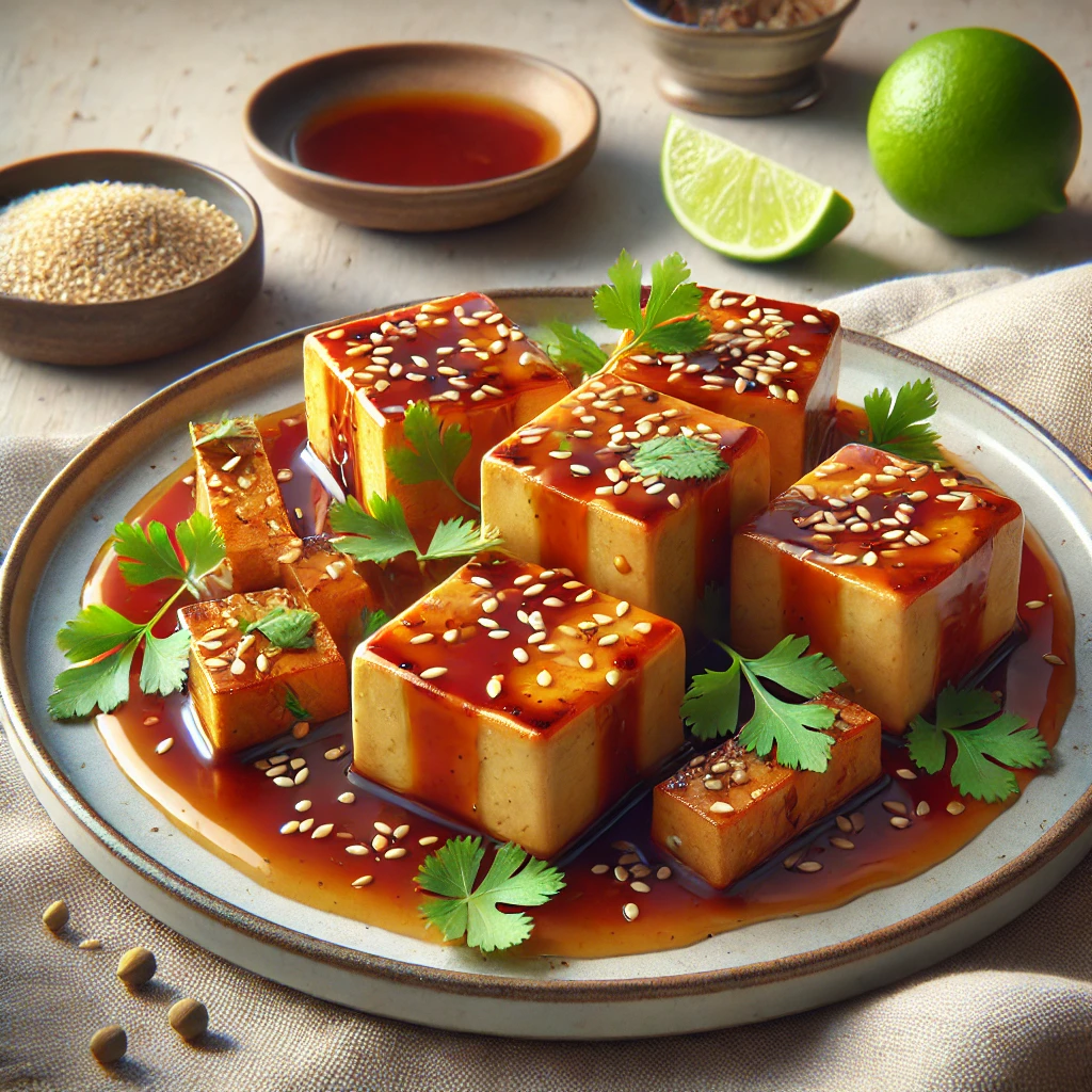 Ízletes tofu gyömbéres öntettel és pörkölt szezámmaggal