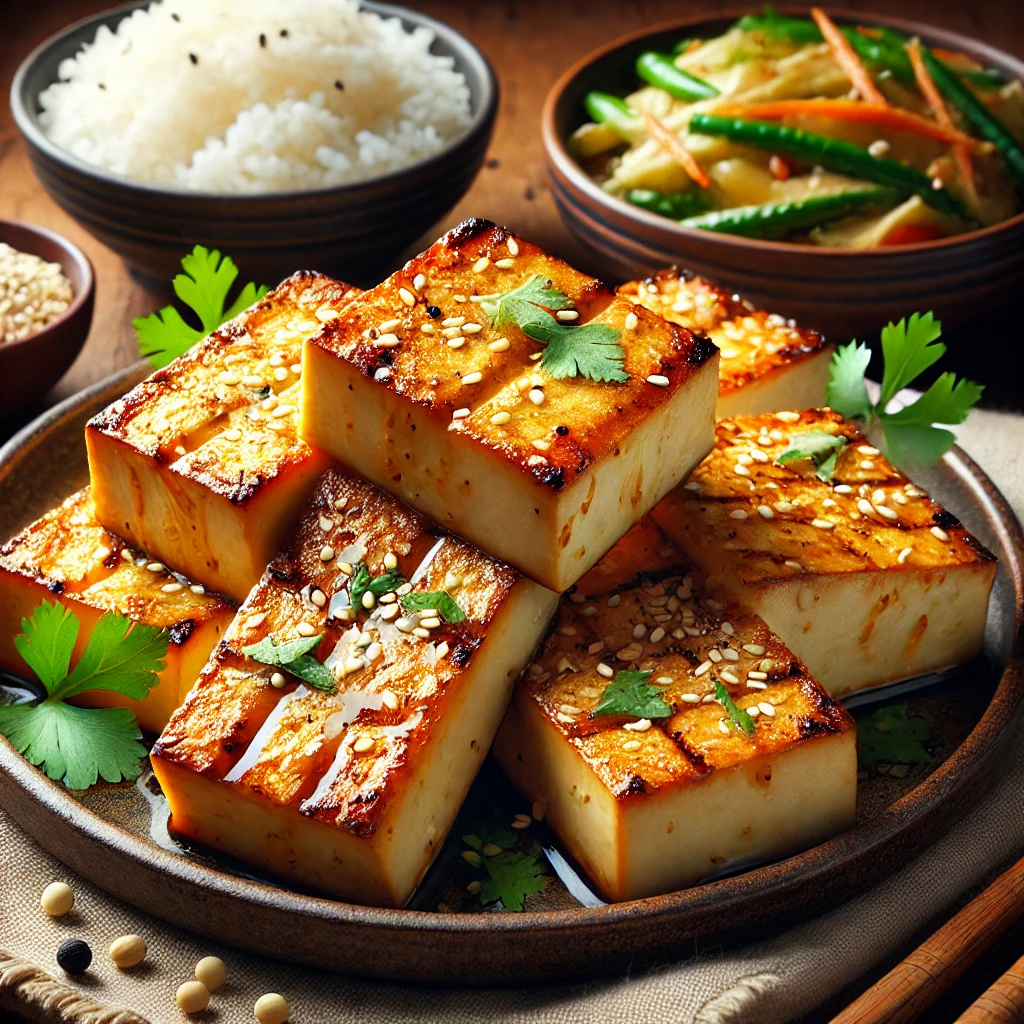 Egészséges és ízletes grillezett tofu szójaszószos gyömbérpáccal