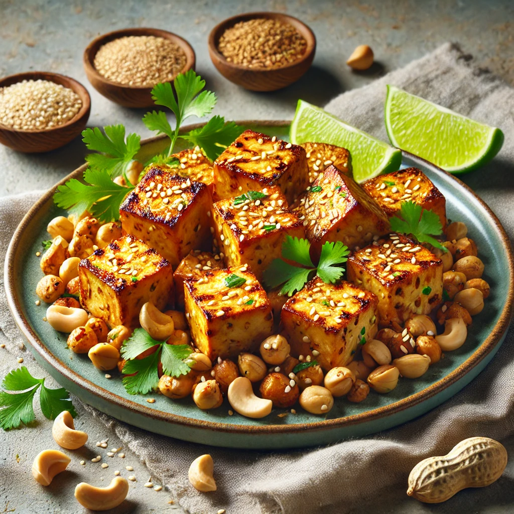 Tápláló tofu pirított mogyoróval és korianderrel