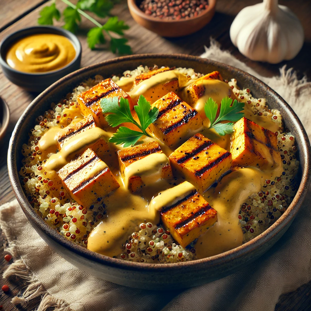 Tápláló quinoa curry tahinivel és grillezett tofuval