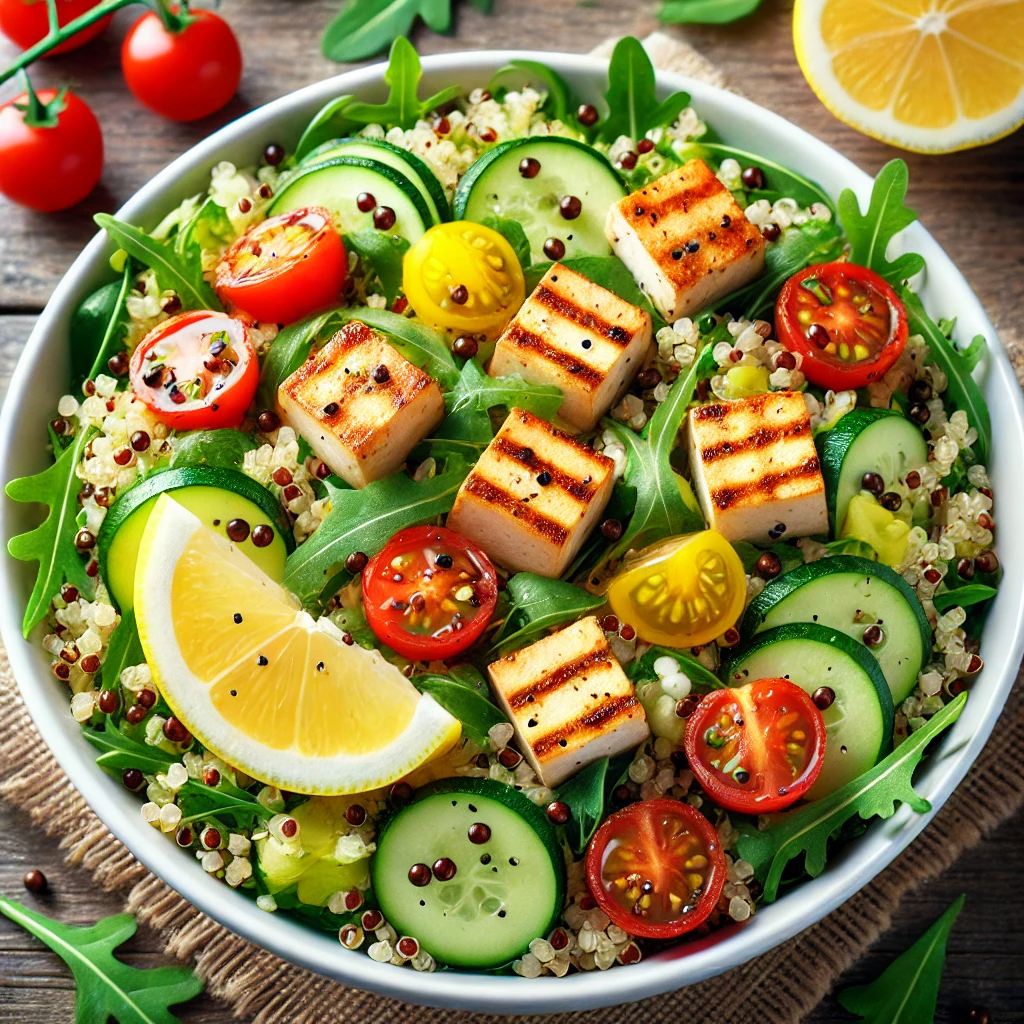 Egészséges és színes quinoa saláta grillezett tofuval